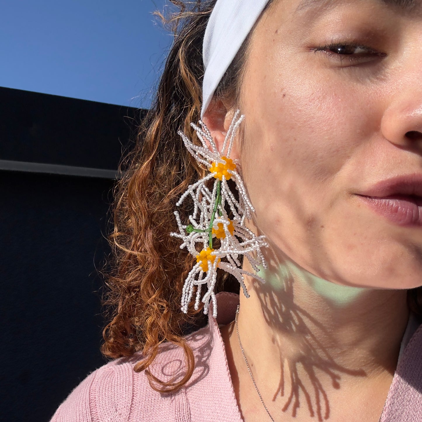 Long Beaded White Flower Earrings